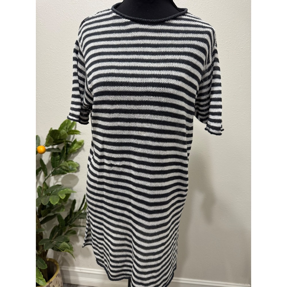 Eileen Fisher Womens Navy White Striped Knit Short Sleeve Tunic Sweater XS/P